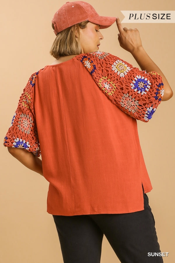 Umgee Linen Blend Three Fourth Crochet Sleeve In Sunset Plus-Curvy/Plus Tops-Umgee-Deja Nu Boutique, Women's Fashion Boutique in Lampasas, Texas