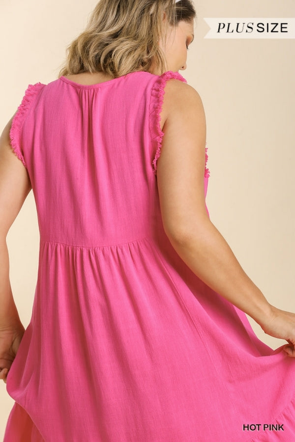 Umgee Linen Blend V Neck Dress With Frayed Ruffle Hem n Hot Pink Plus-Curvy/Plus Short Dresses-Umgee-Deja Nu Boutique, Women's Fashion Boutique in Lampasas, Texas