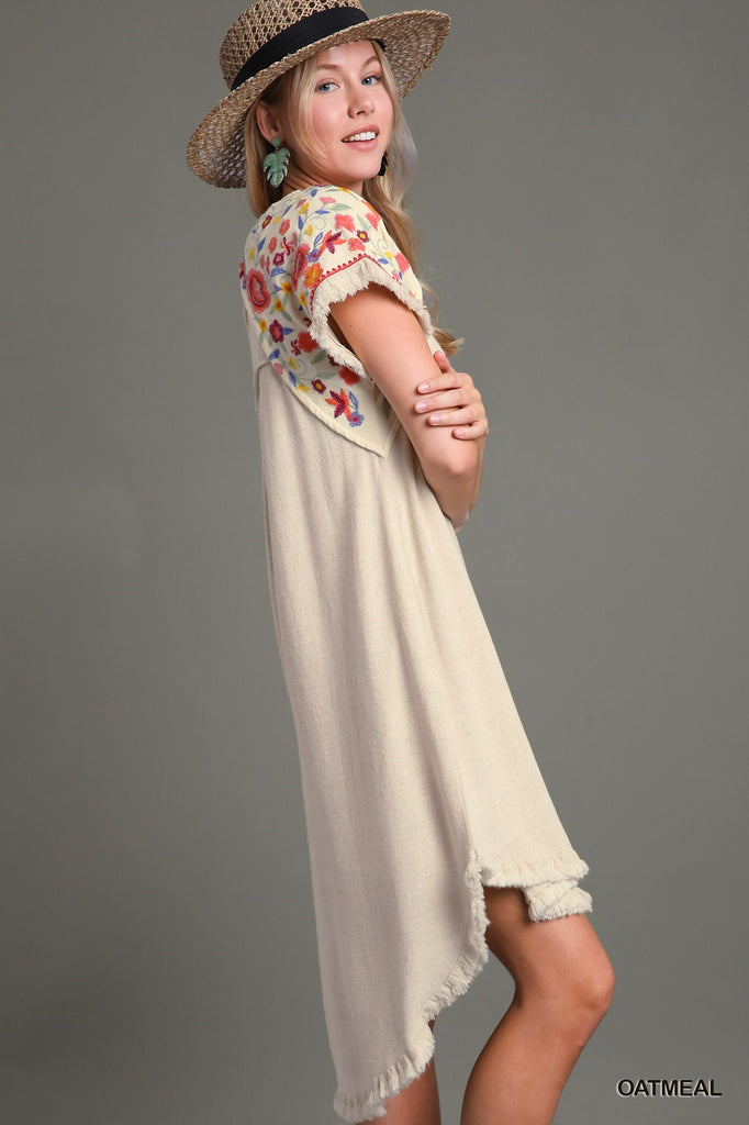 Umgee Linen Short Sleeve Embroidery High Low Dress In Oatmeal-Short Dresses-Umgee-Deja Nu Boutique, Women's Fashion Boutique in Lampasas, Texas