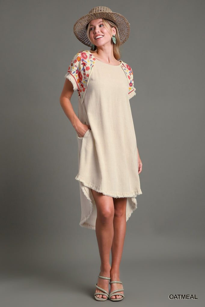 Umgee Linen Short Sleeve Embroidery High Low Dress In Oatmeal-Short Dresses-Umgee-Deja Nu Boutique, Women's Fashion Boutique in Lampasas, Texas