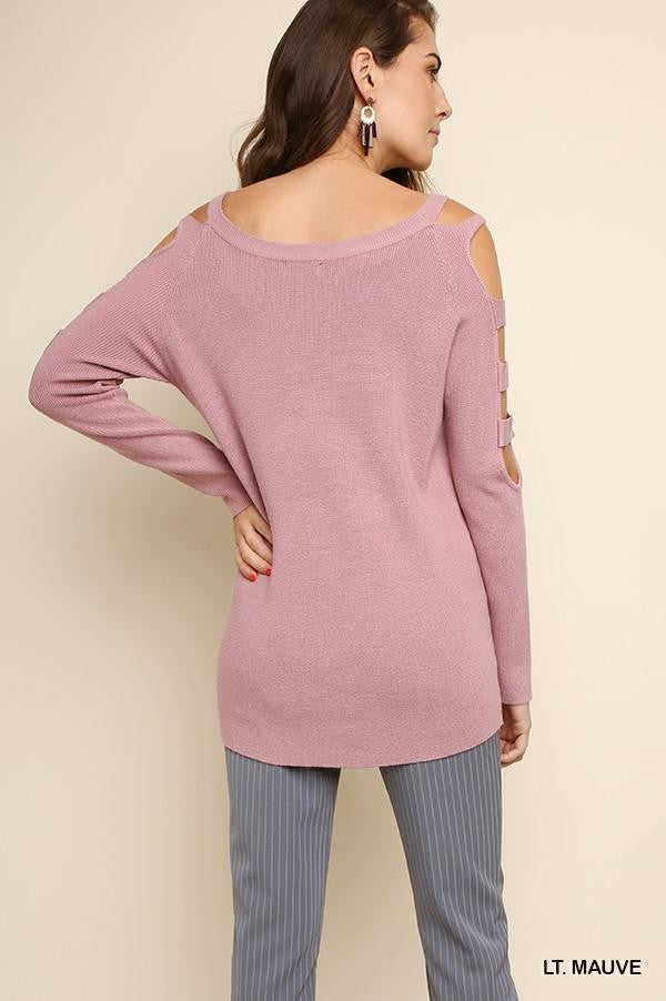 Umgee Mauve Cold Shoulder Cutout Sleeve Tunic Sweater-Tunics-Umgee-Deja Nu Boutique, Women's Fashion Boutique in Lampasas, Texas