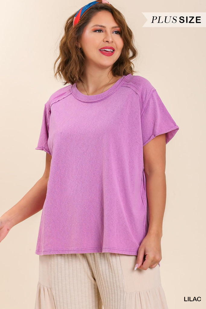 Umgee Mineral Wash Linen Blend Round Neck Short Sleeve T-Shirt In Lilac-Curvy/Plus Tops-Umgee-Deja Nu Boutique, Women's Fashion Boutique in Lampasas, Texas