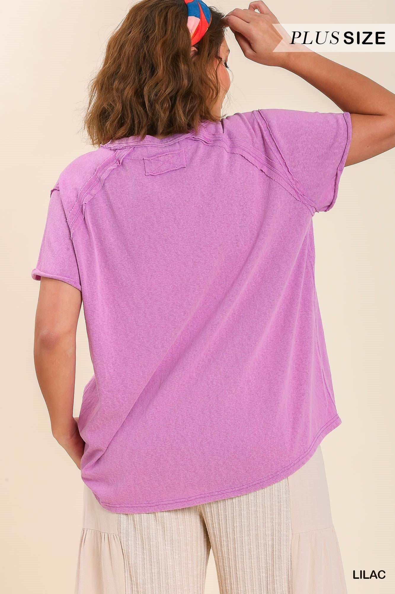 Umgee Mineral Wash Linen Blend Round Neck Short Sleeve T-Shirt In Lilac-Curvy/Plus Tops-Umgee-Deja Nu Boutique, Women's Fashion Boutique in Lampasas, Texas