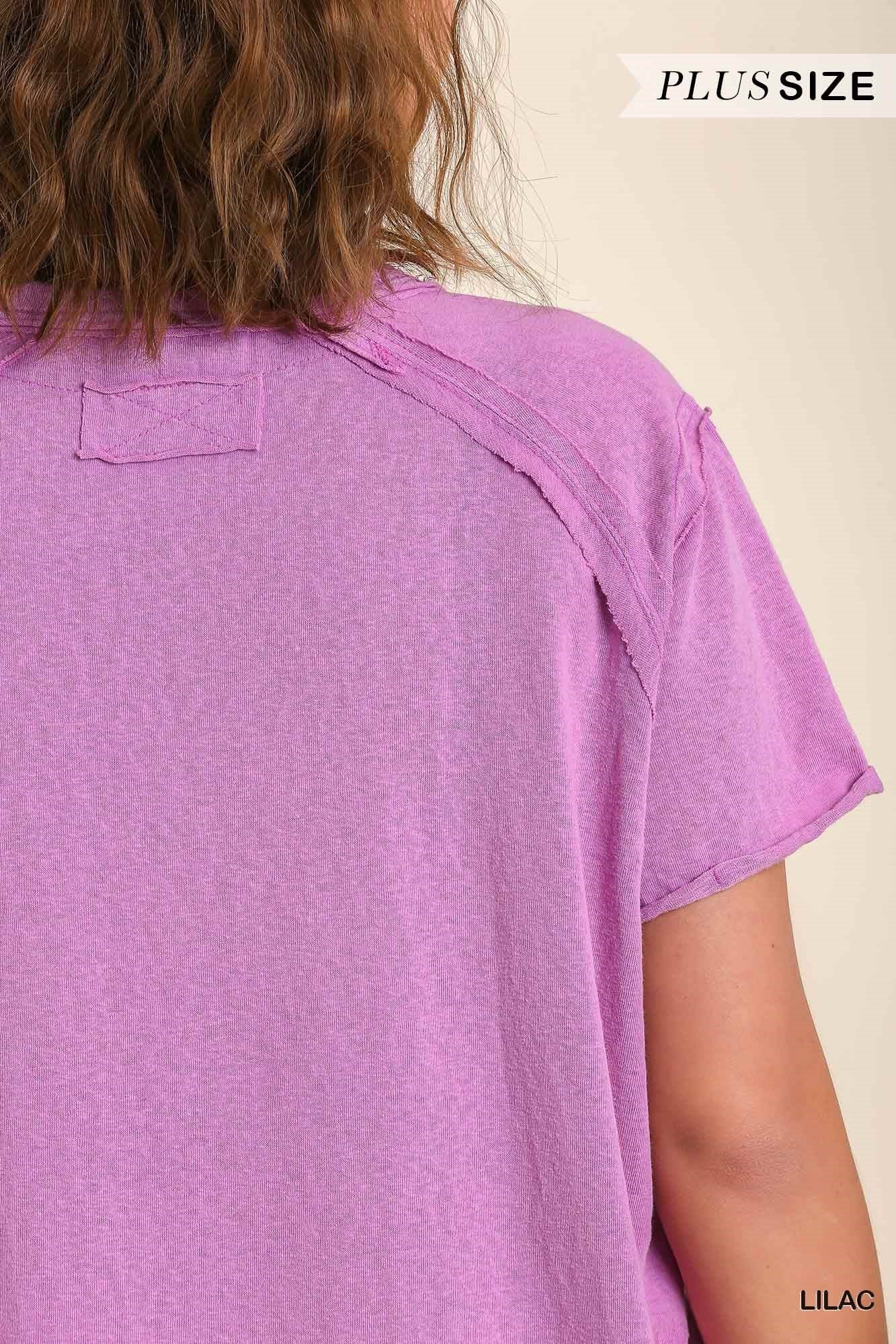 Umgee Mineral Wash Linen Blend Round Neck Short Sleeve T-Shirt In Lilac-Curvy/Plus Tops-Umgee-Deja Nu Boutique, Women's Fashion Boutique in Lampasas, Texas