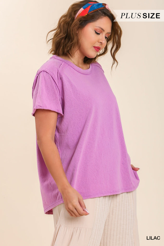 Umgee Mineral Wash Linen Blend Round Neck Short Sleeve T-Shirt In Lilac-Curvy/Plus Tops-Umgee-Deja Nu Boutique, Women's Fashion Boutique in Lampasas, Texas