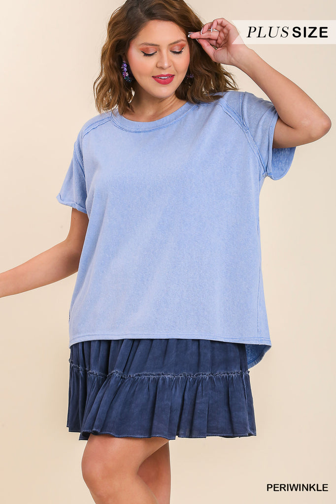 Umgee Mineral Wash Linen Blend Round Neck Short Sleeve T-Shirt In Periwinkle-Curvy/Plus Tops-Umgee-Deja Nu Boutique, Women's Fashion Boutique in Lampasas, Texas