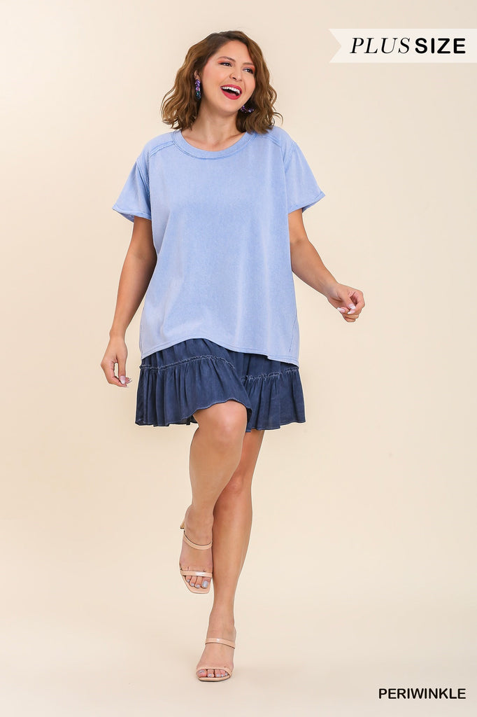 Umgee Mineral Wash Linen Blend Round Neck Short Sleeve T-Shirt In Periwinkle-Curvy/Plus Tops-Umgee-Deja Nu Boutique, Women's Fashion Boutique in Lampasas, Texas