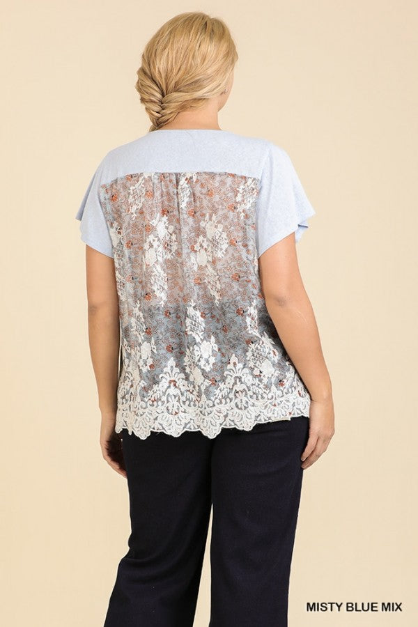 Umgee Misty Blue Floral Lace Print Plus Top-Curvy/Plus Tops-Umgee-Deja Nu Boutique, Women's Fashion Boutique in Lampasas, Texas