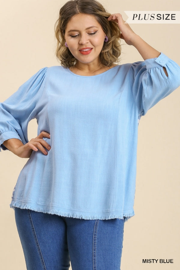 Umgee Misty Blue Linen Blend Animal Print Cut Out Back Top With Frayed Ruffle Hem Plus-Curvy/Plus Tops-Umgee-Deja Nu Boutique, Women's Fashion Boutique in Lampasas, Texas