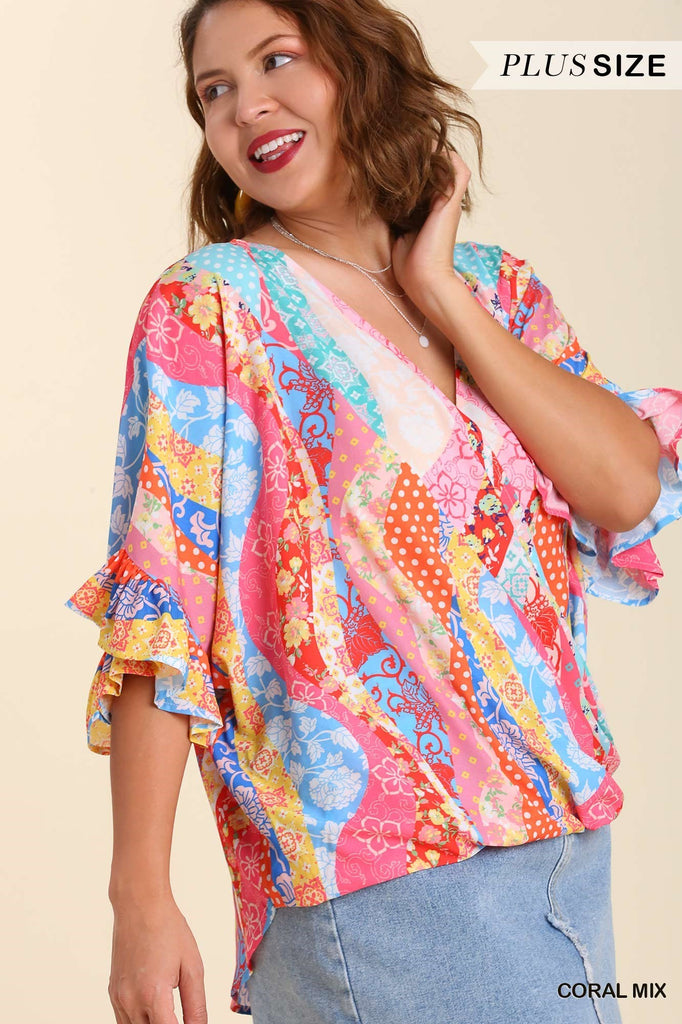 Umgee Mixed Print Top With High Low Hem And Ruffle Sleeves In Coral Mix Plus-Curvy/Plus Blouses-Umgee-Deja Nu Boutique, Women's Fashion Boutique in Lampasas, Texas