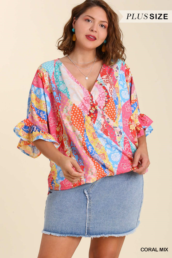 Umgee Mixed Print Top With High Low Hem And Ruffle Sleeves In Coral Mix Plus-Curvy/Plus Blouses-Umgee-Deja Nu Boutique, Women's Fashion Boutique in Lampasas, Texas