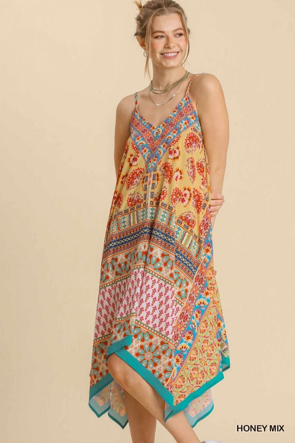 Umgee Mixed Scarf Print Spaghetti Strap Midi Dress With SharkBite Hem In Honey Mix-Short Dresses-Umgee-Deja Nu Boutique, Women's Fashion Boutique in Lampasas, Texas