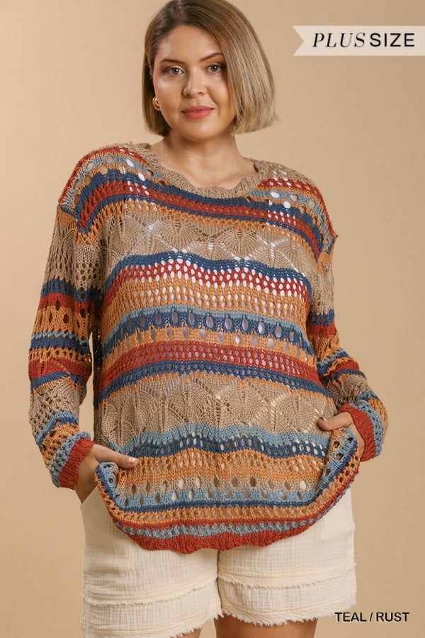 Umgee Multicolor Crochet Stripe Pullover Sweater With Scalloped Hem Plus-Sweaters-Umgee-Deja Nu Boutique, Women's Fashion Boutique in Lampasas, Texas