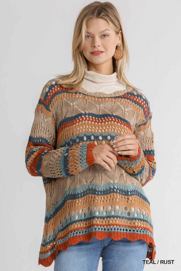 Umgee Multicolor Crochet Stripe Pullover Sweater With Scalloped Hem-Sweaters-Umgee-Deja Nu Boutique, Women's Fashion Boutique in Lampasas, Texas