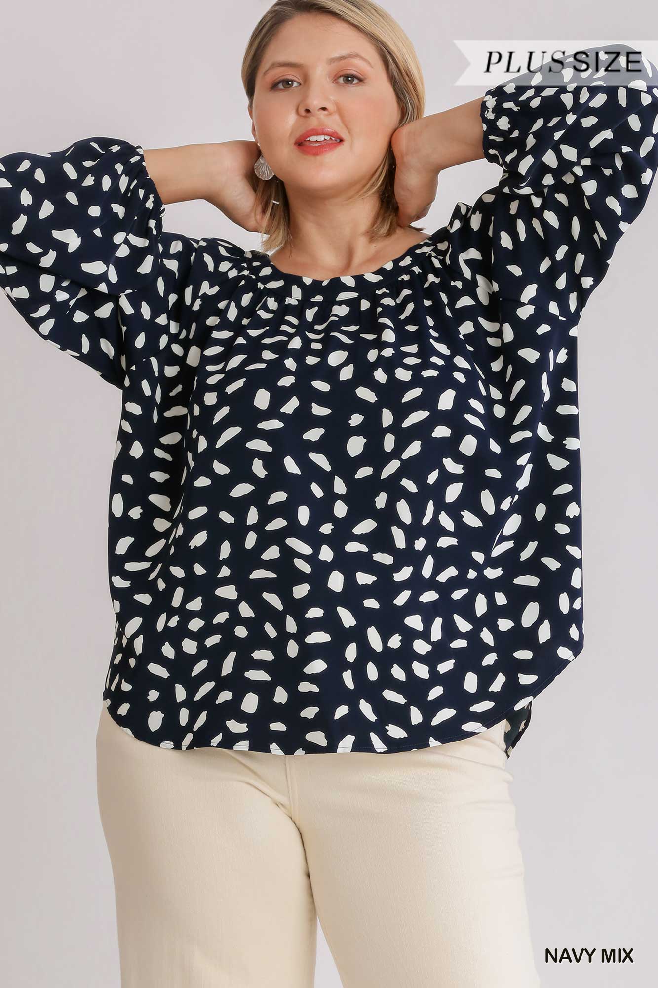 Umgee Navy Mix Animal Print Round Neck Long Sleeve Top Plus-Curvy/Plus Blouses-Umgee-Deja Nu Boutique, Women's Fashion Boutique in Lampasas, Texas