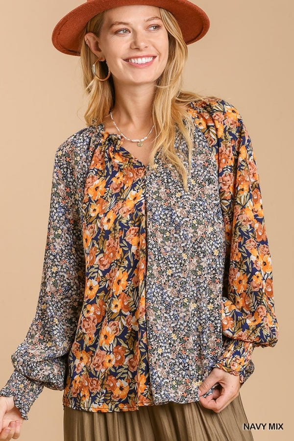 Umgee Navy Mixed Flower Print Top With Ruffle Split Neck-Tops-Umgee-Deja Nu Boutique, Women's Fashion Boutique in Lampasas, Texas