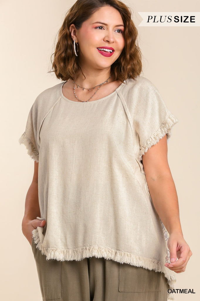 Umgee Oatmeal Linen Blend Scoop Neck Shirt With Mixed Back Print Plus-Curvy/Plus Tops-Umgee-Deja Nu Boutique, Women's Fashion Boutique in Lampasas, Texas