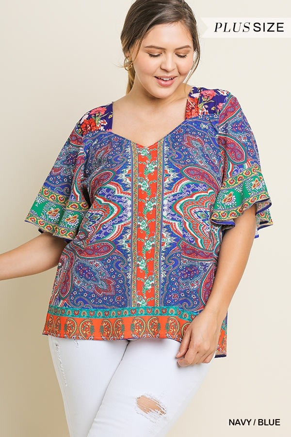 Umgee Paisley Scarf Print Bell Sleeve Plus Blouse-Curvy/Plus Tops-Umgee-Deja Nu Boutique, Women's Fashion Boutique in Lampasas, Texas