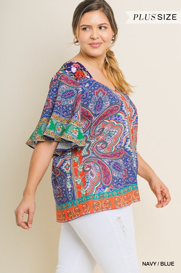 Umgee Paisley Scarf Print Bell Sleeve Plus Blouse-Curvy/Plus Tops-Umgee-Deja Nu Boutique, Women's Fashion Boutique in Lampasas, Texas