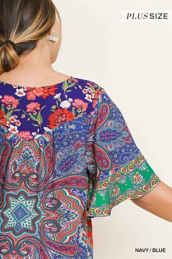 Umgee Paisley Scarf Print Bell Sleeve Plus Blouse-Curvy/Plus Tops-Umgee-Deja Nu Boutique, Women's Fashion Boutique in Lampasas, Texas