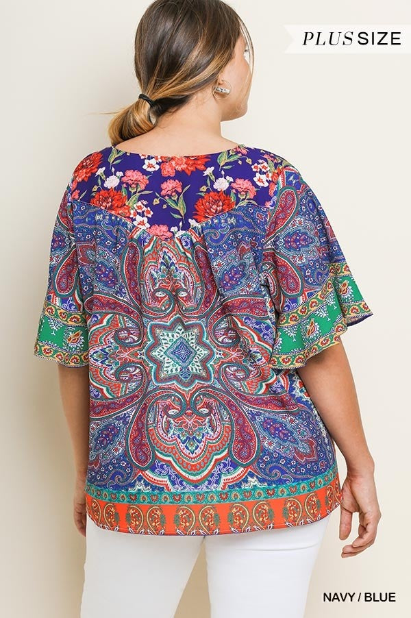 Umgee Paisley Scarf Print Bell Sleeve Plus Blouse-Curvy/Plus Tops-Umgee-Deja Nu Boutique, Women's Fashion Boutique in Lampasas, Texas