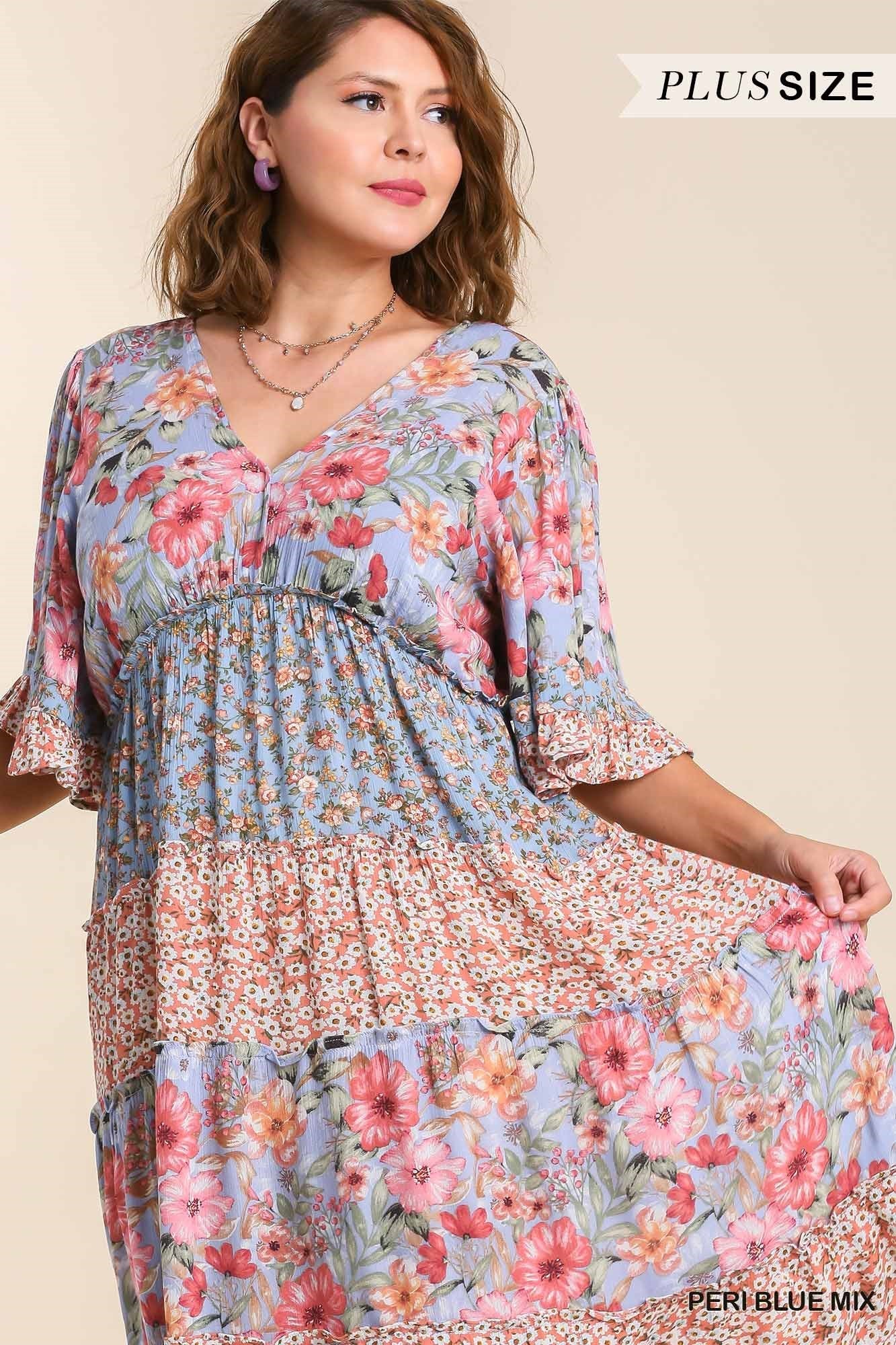 Umgee Peri Blue Mixed Floral Print Tiered V-Neck Midi Dress With Plus-Curvy/Plus Dresses-Umgee-Deja Nu Boutique, Women's Fashion Boutique in Lampasas, Texas