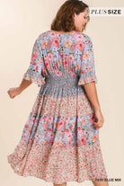 Umgee Peri Blue Mixed Floral Print Tiered V-Neck Midi Dress With Plus-Curvy/Plus Dresses-Umgee-Deja Nu Boutique, Women's Fashion Boutique in Lampasas, Texas