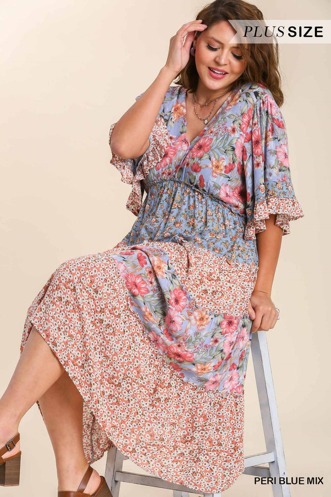 Umgee Peri Blue Mixed Floral Print Tiered V-Neck Midi Dress With Plus-Curvy/Plus Dresses-Umgee-Deja Nu Boutique, Women's Fashion Boutique in Lampasas, Texas
