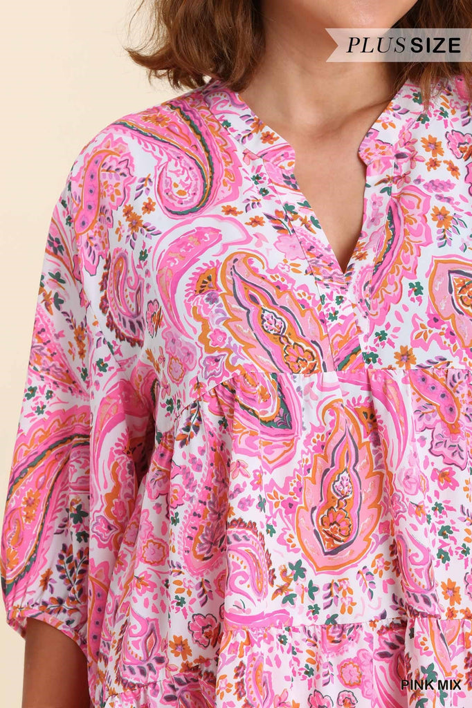Umgee Pink Paisley Print V-Notch Neckline Plus-Curvy/Plus Tops-Umgee-Deja Nu Boutique, Women's Fashion Boutique in Lampasas, Texas