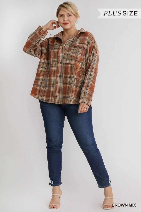 Umgee Plaid Collar Button Down Overshirt With Front Pockets Plus-Curvy/Plus Outerwear-Umgee-Deja Nu Boutique, Women's Fashion Boutique in Lampasas, Texas