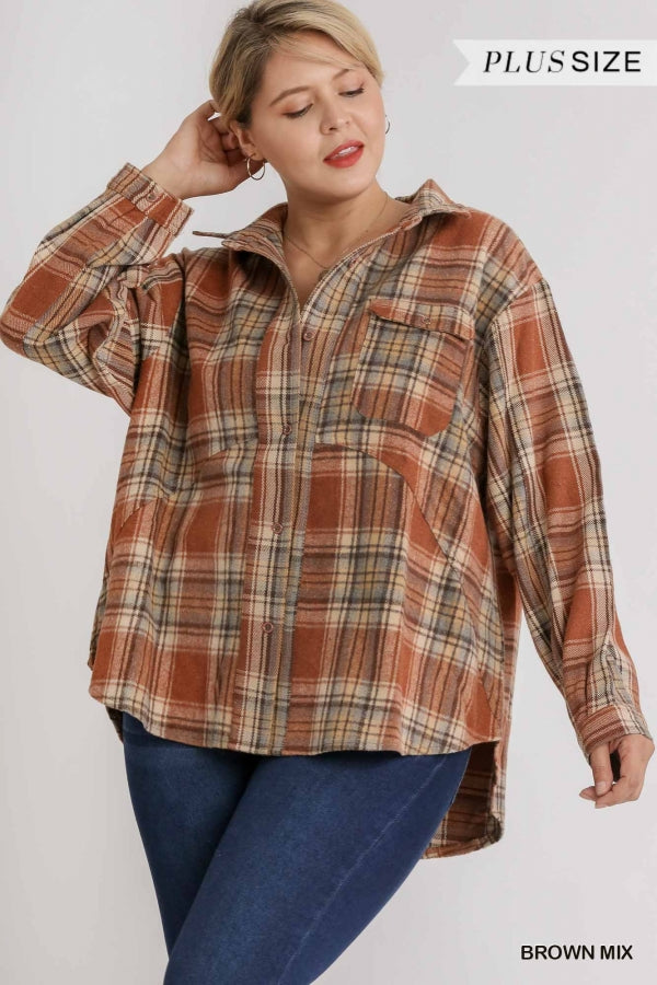 Umgee Plaid Collar Button Down Overshirt With Front Pockets Plus-Curvy/Plus Outerwear-Umgee-Deja Nu Boutique, Women's Fashion Boutique in Lampasas, Texas