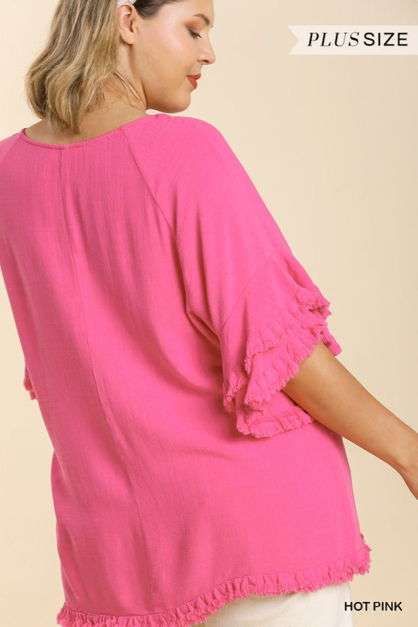 Umgee Plus Linen Blend Layered Ruffle Short Sleeve Round Neck Top with Frayed Hem In Hot Pink-Curvy/Plus Blouses-Umgee-Deja Nu Boutique, Women's Fashion Boutique in Lampasas, Texas