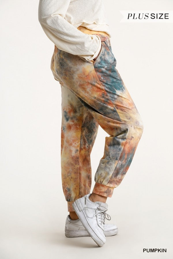 Umgee Pumpkin Tie Dye Plus Joggers-Curvy/Plus Bottoms-Umgee-Deja Nu Boutique, Women's Fashion Boutique in Lampasas, Texas