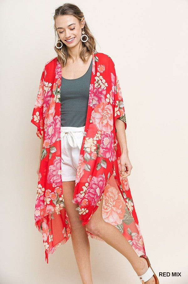Umgee Red Floral Sheer Kimono-Cardigans & Kimonos-Umgee-Deja Nu Boutique, Women's Fashion Boutique in Lampasas, Texas