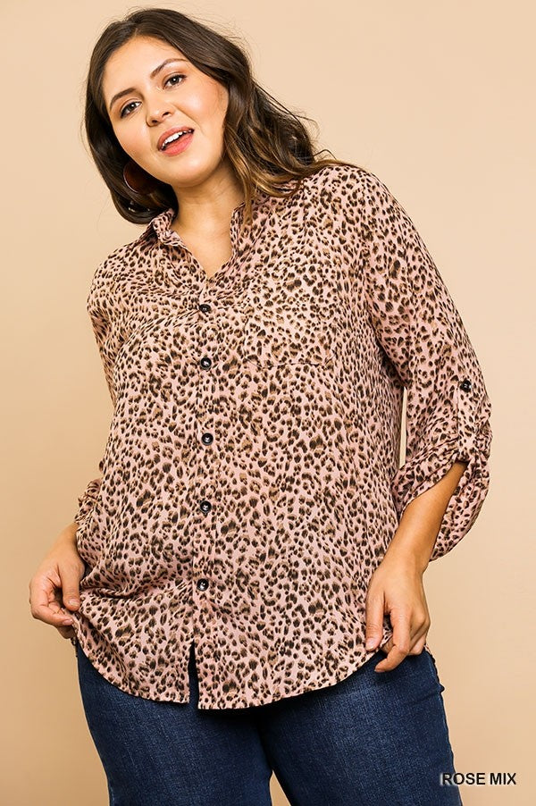 Umgee Rose Animal Print Button Up Plus Top-Curvy/Plus Tops-Umgee-Deja Nu Boutique, Women's Fashion Boutique in Lampasas, Texas