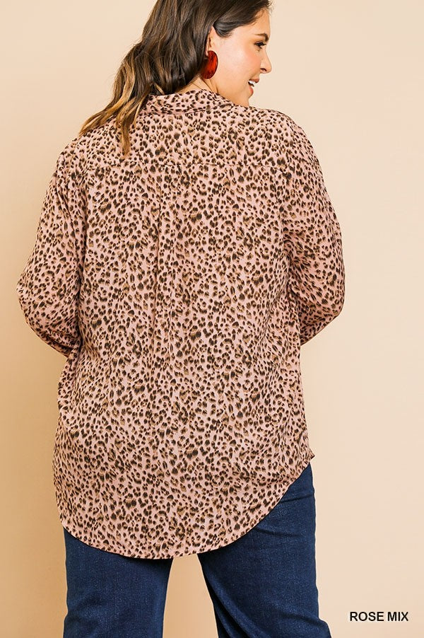 Umgee Rose Animal Print Button Up Plus Top-Curvy/Plus Tops-Umgee-Deja Nu Boutique, Women's Fashion Boutique in Lampasas, Texas