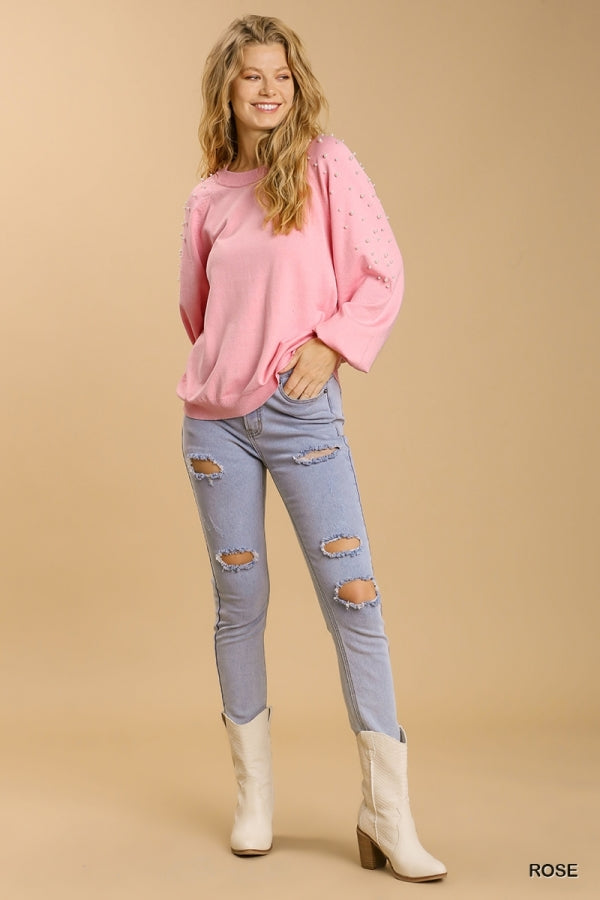 Umgee Round Neck Pullover Sweater With Long Sleeve Pearl Details In Rose-Sweaters-Umgee-Deja Nu Boutique, Women's Fashion Boutique in Lampasas, Texas