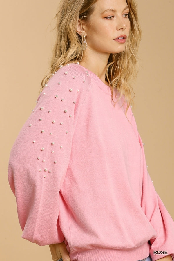 Umgee Round Neck Pullover Sweater With Long Sleeve Pearl Details In Rose-Sweaters-Umgee-Deja Nu Boutique, Women's Fashion Boutique in Lampasas, Texas