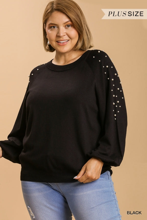 Umgee Round Neck Pullover Sweater with Long Sleeve Pearl Details In Black Plus-Curvy/Plus Tops-Umgee-Deja Nu Boutique, Women's Fashion Boutique in Lampasas, Texas