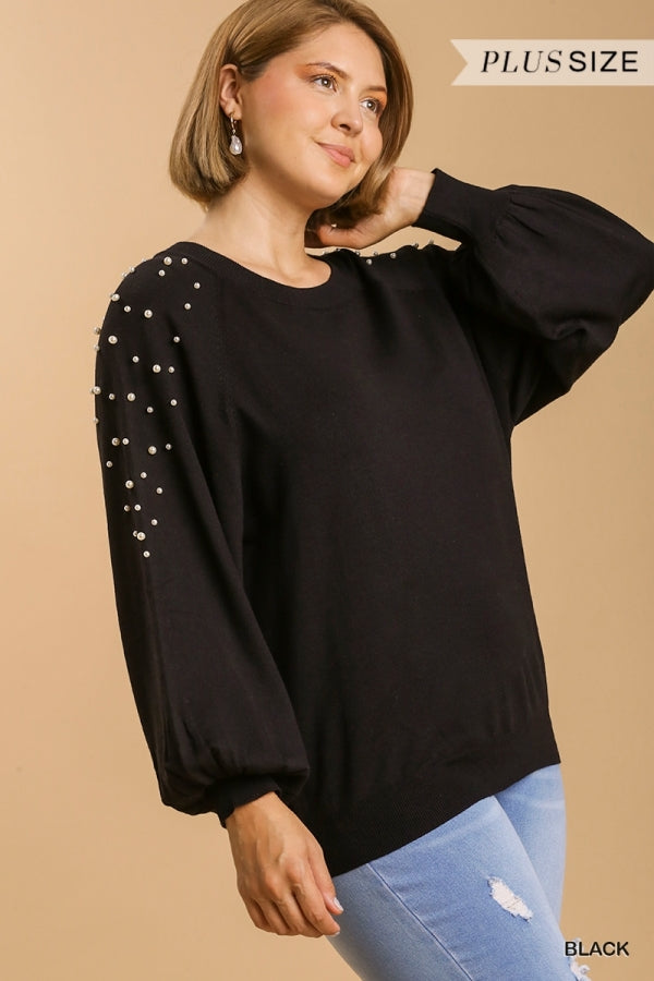 Umgee Round Neck Pullover Sweater with Long Sleeve Pearl Details In Black Plus-Curvy/Plus Tops-Umgee-Deja Nu Boutique, Women's Fashion Boutique in Lampasas, Texas
