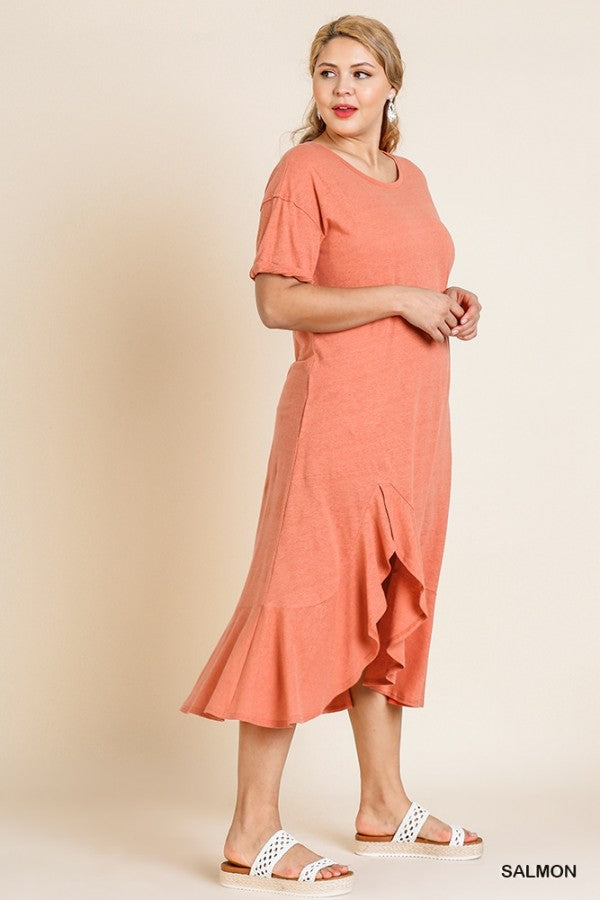 Umgee Salmon Maxi Ruffle Short Sleeve Plus Dress-Curvy/Plus Dresses-Umgee-Deja Nu Boutique, Women's Fashion Boutique in Lampasas, Texas