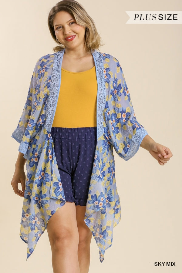 Umgee Sheer Floral Print Open Front Kimono With Crochet Detail In Sky Mix Plus-Curvy/Plus Cardigans & Kimonos-Umgee-Deja Nu Boutique, Women's Fashion Boutique in Lampasas, Texas