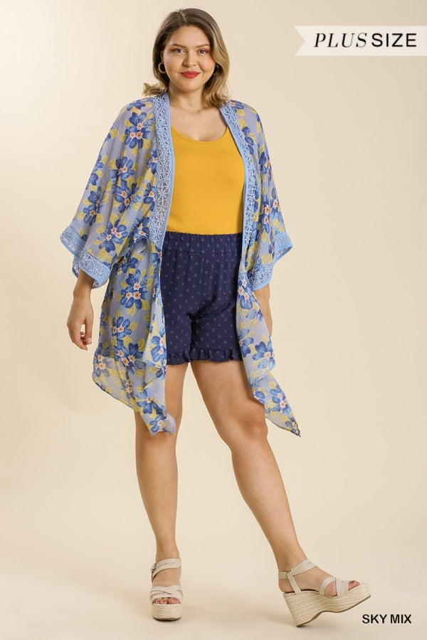 Umgee Sheer Floral Print Open Front Kimono With Crochet Detail In Sky Mix Plus-Curvy/Plus Cardigans & Kimonos-Umgee-Deja Nu Boutique, Women's Fashion Boutique in Lampasas, Texas