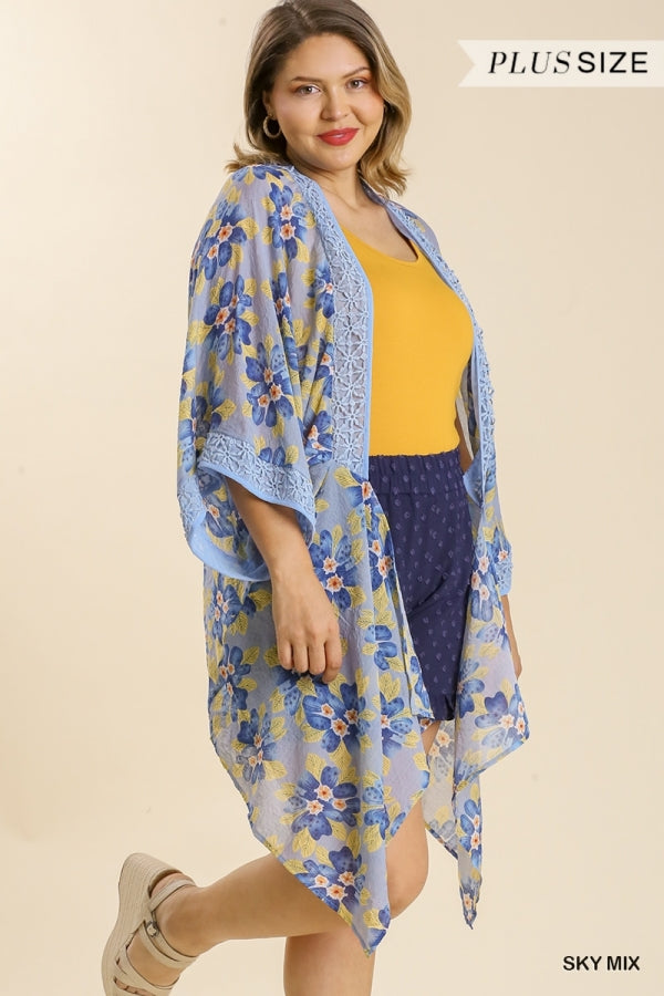 Umgee Sheer Floral Print Open Front Kimono With Crochet Detail In Sky Mix Plus-Curvy/Plus Cardigans & Kimonos-Umgee-Deja Nu Boutique, Women's Fashion Boutique in Lampasas, Texas