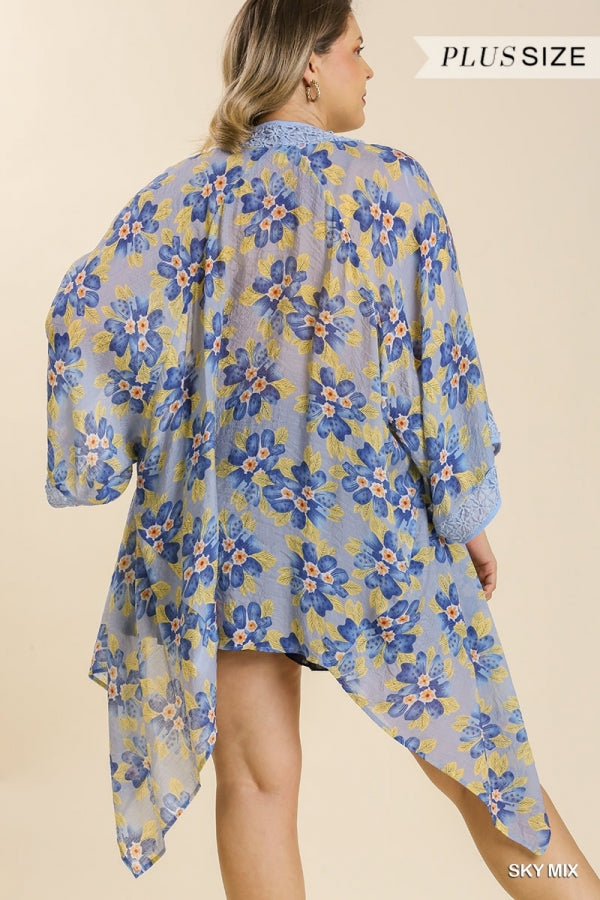 Umgee Sheer Floral Print Open Front Kimono With Crochet Detail In Sky Mix Plus-Curvy/Plus Cardigans & Kimonos-Umgee-Deja Nu Boutique, Women's Fashion Boutique in Lampasas, Texas