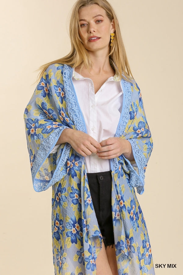 Umgee Sheer Floral Print Open Front Kimono With Crochet Detail In Sky-Cardigans & Kimonos-Umgee-Deja Nu Boutique, Women's Fashion Boutique in Lampasas, Texas