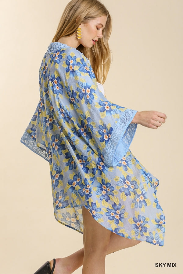 Umgee Sheer Floral Print Open Front Kimono With Crochet Detail In Sky-Cardigans & Kimonos-Umgee-Deja Nu Boutique, Women's Fashion Boutique in Lampasas, Texas