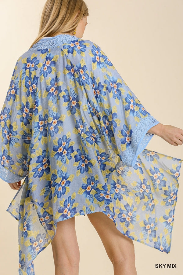 Umgee Sheer Floral Print Open Front Kimono With Crochet Detail In Sky-Cardigans & Kimonos-Umgee-Deja Nu Boutique, Women's Fashion Boutique in Lampasas, Texas