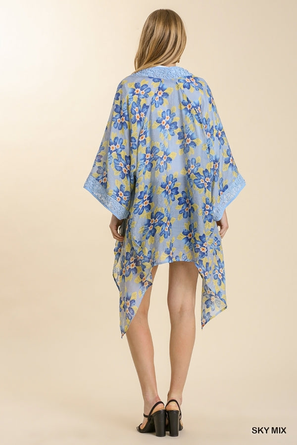 Umgee Sheer Floral Print Open Front Kimono With Crochet Detail In Sky-Cardigans & Kimonos-Umgee-Deja Nu Boutique, Women's Fashion Boutique in Lampasas, Texas