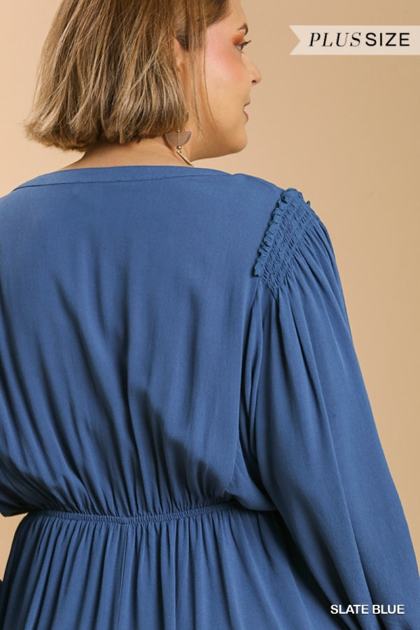 Umgee Split Neck Button Front Dolman Sleeve Dress with Smocked Shoulder In Slate Blue Plus-Curvy/Plus Maxi Dresses-Umgee-Deja Nu Boutique, Women's Fashion Boutique in Lampasas, Texas